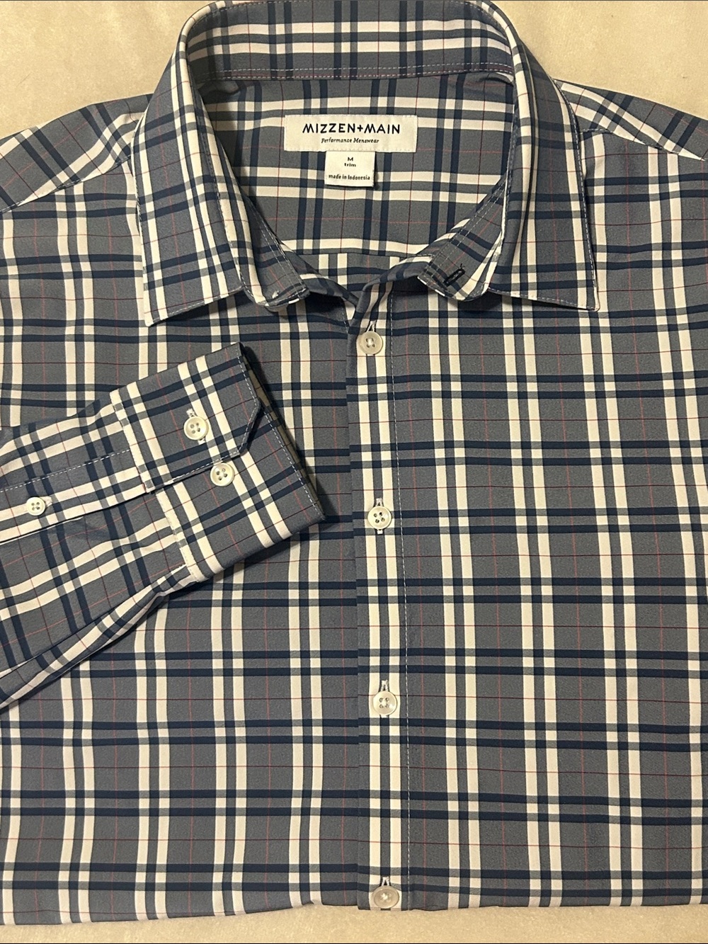 Mizzen Main Leeward Shirt Mens Medium Trim Fit Blue Plaid Performance Stretch